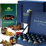 „Elegance Gourmet“ dovanų rinkinys — 20 prieskonių: stiklainėliai, prieskoniai ir pakuotė.