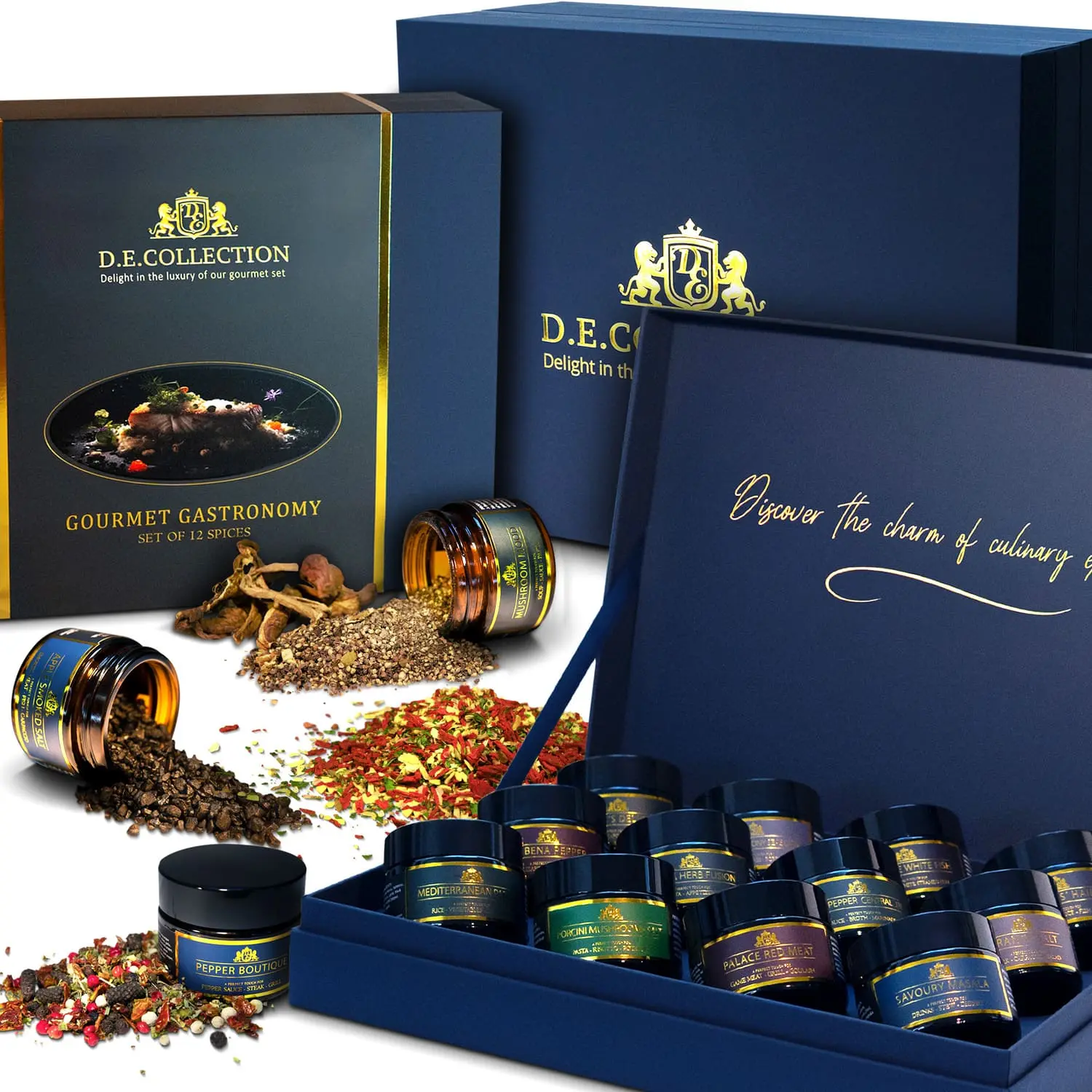 Gourmet Gastronomy — gift box and spices from D.E.Collection. Gourmet Gastronomy 12-spice gift set — jars, spices and packaging.