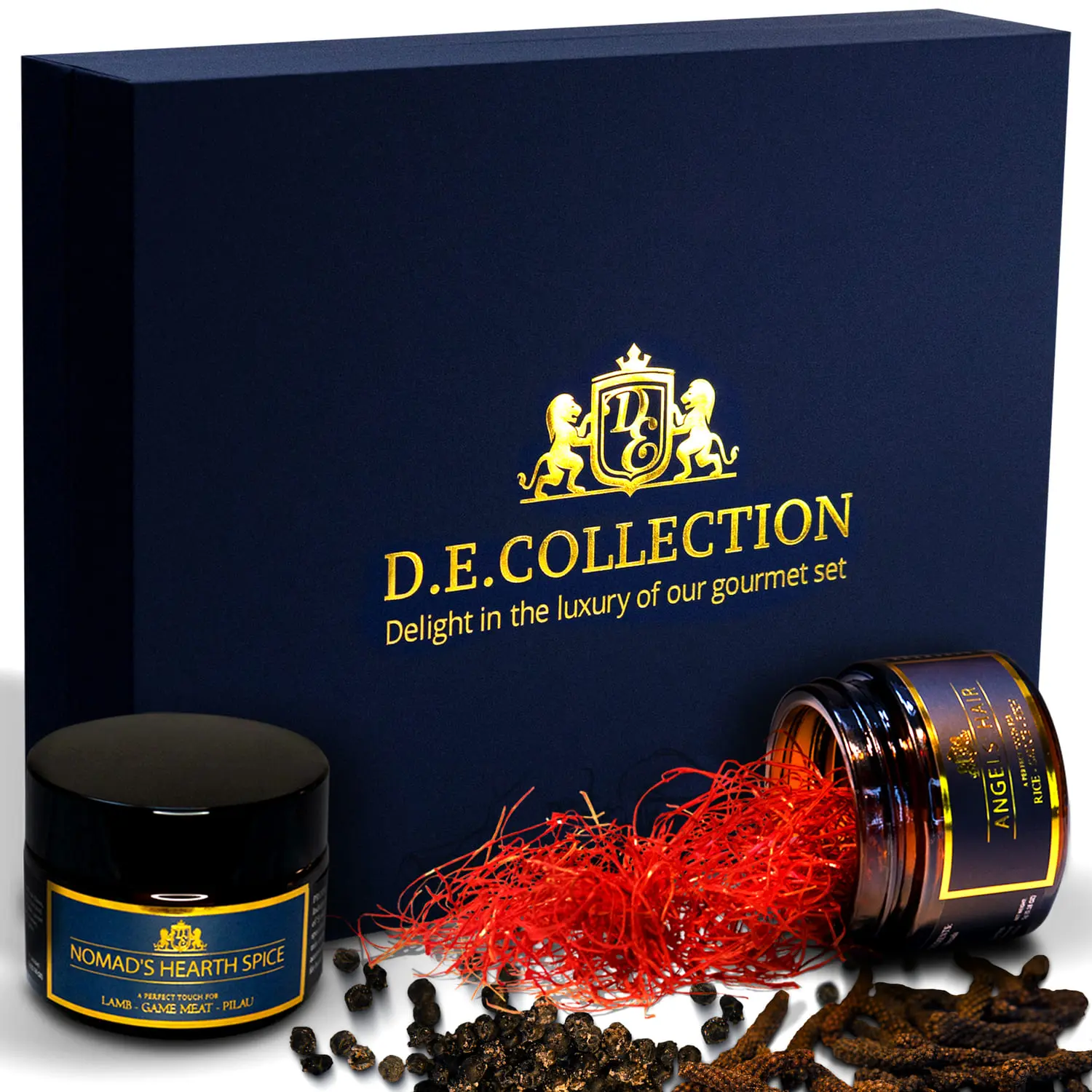D.E.Collection gift box and spices from the Culinary Uniquities set — Angels’ Hair and Nomad’s Hearth.