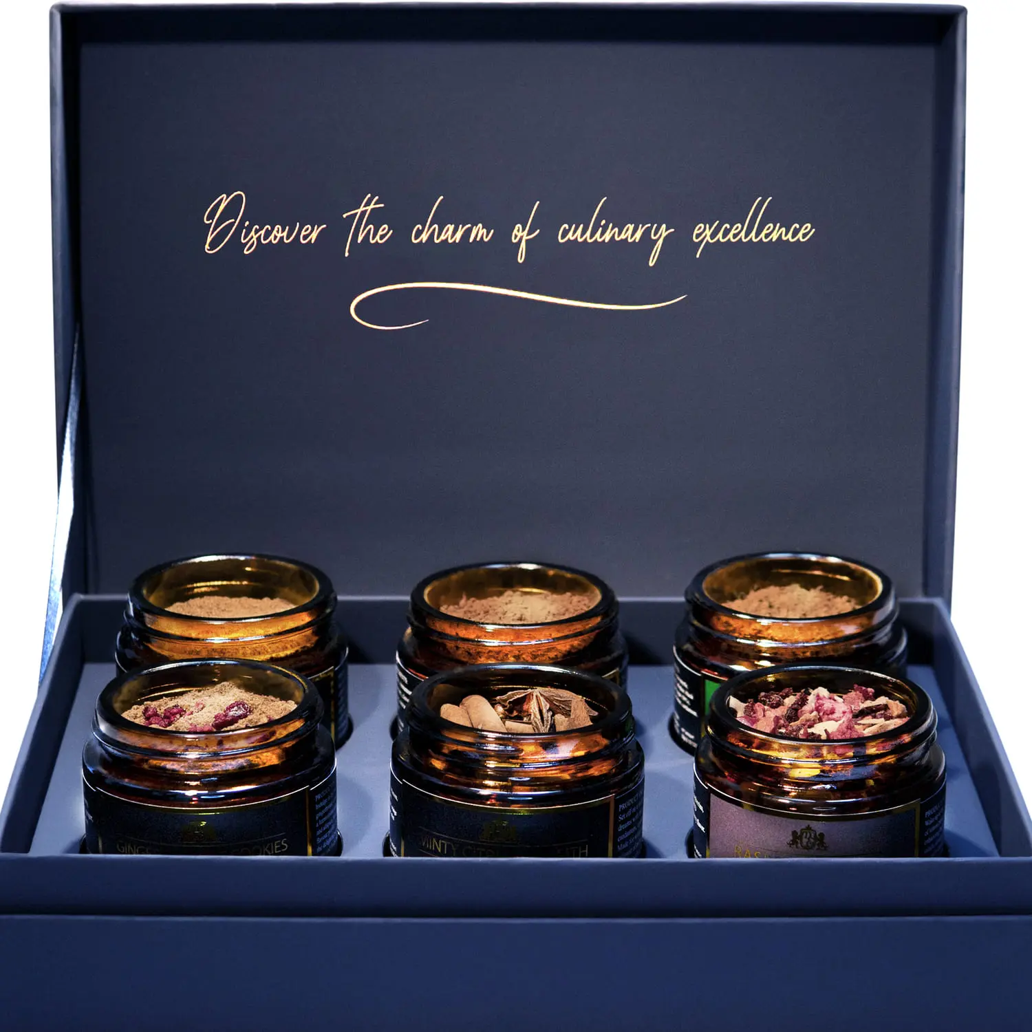 Open box "Gourmet Sweets & Coffee" — 6 premium spice blends.