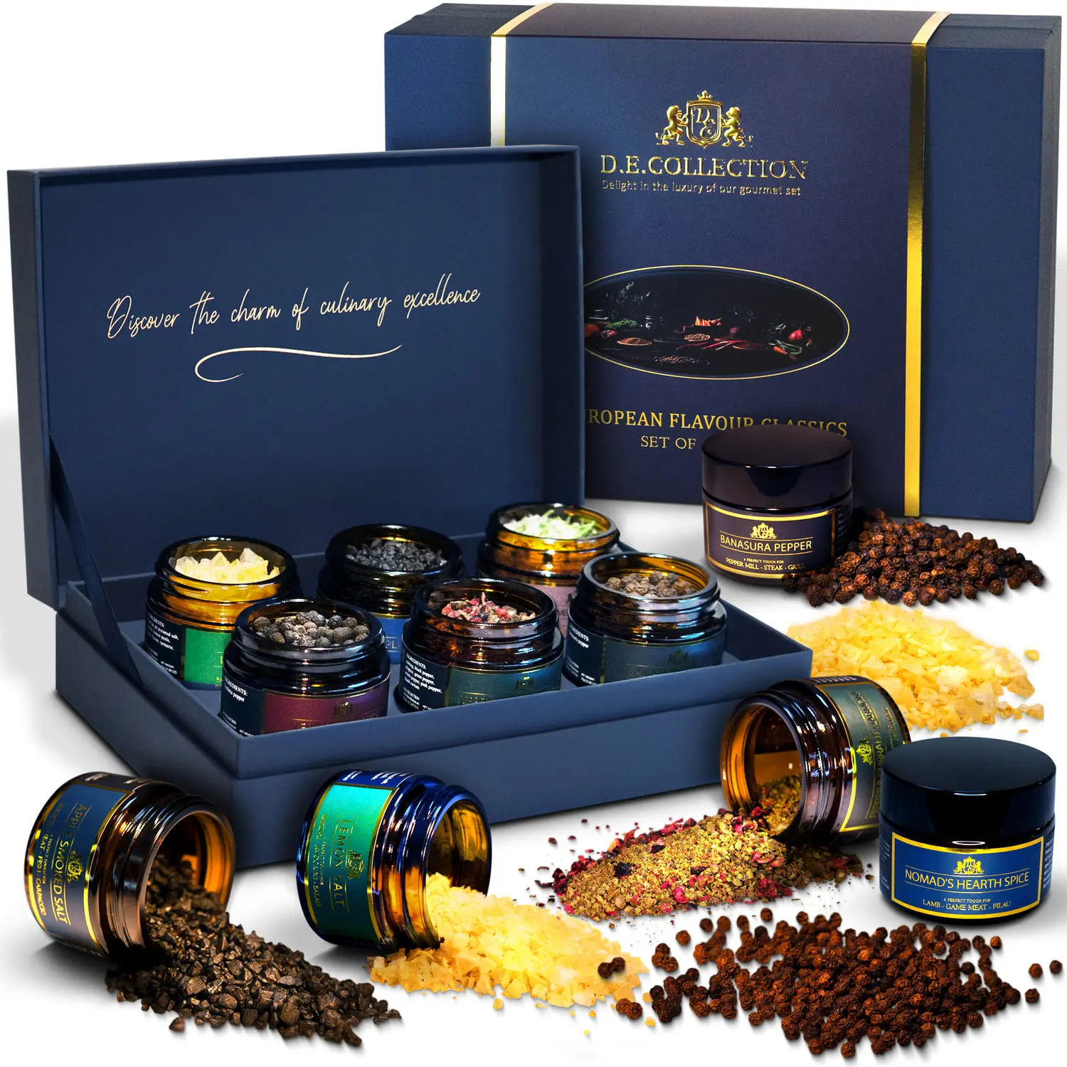 European Flavour Classics — spice set from D.E.Collection Open spice set European Flavour Classics — 6 handcrafted jars with spices.