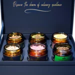 Open gift box with spices — 6 handcrafted jars.