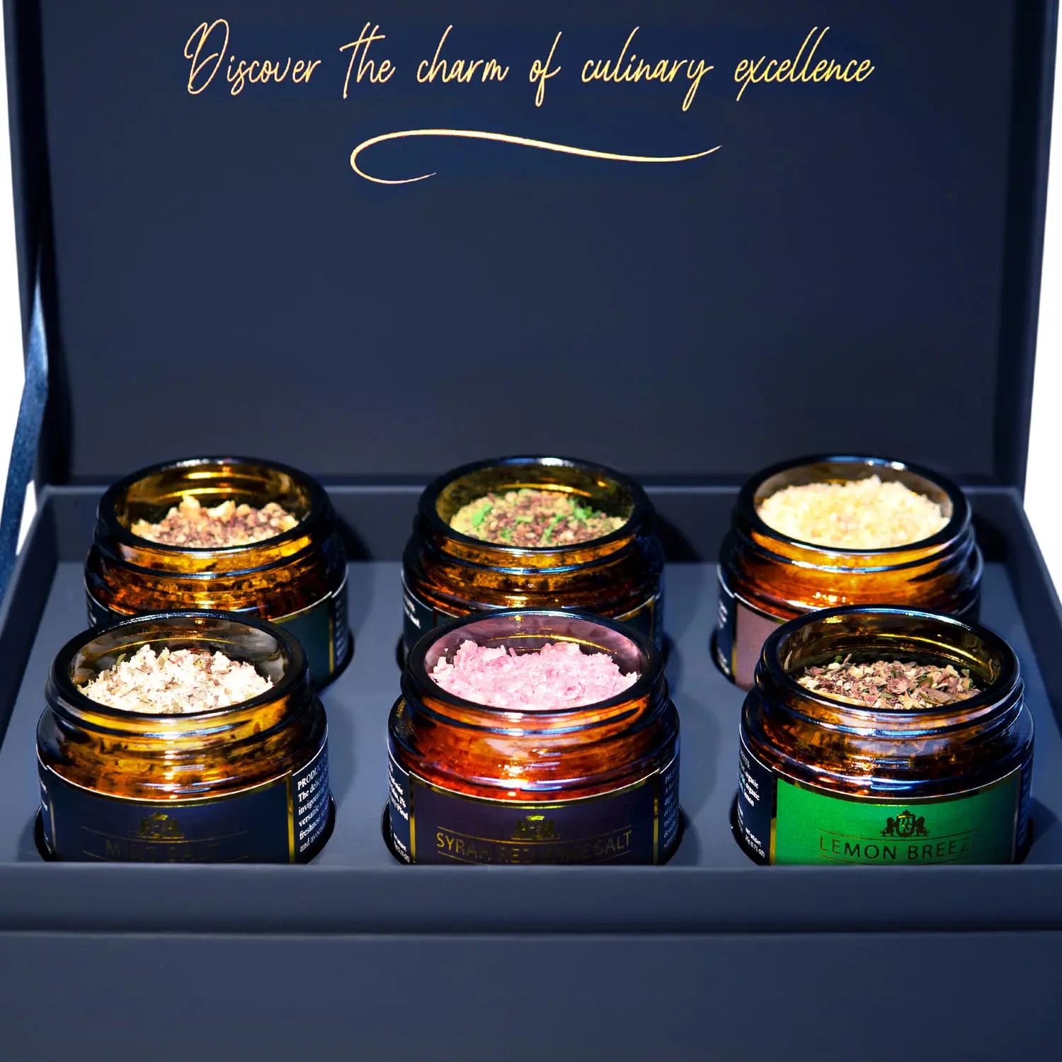 Open gift box with spices — 6 handcrafted jars.