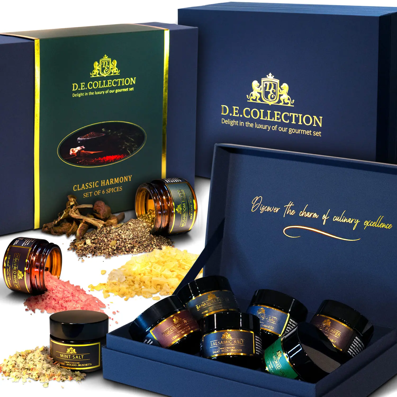D.E.Collection packaging and spices — Classic Harmony set D.E.Collection Classic Harmony — jars with spices and premium packaging.