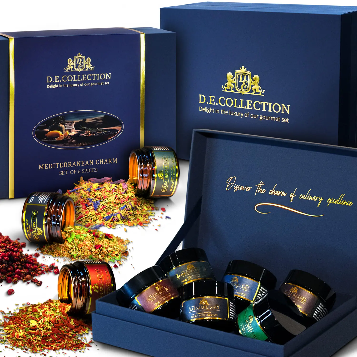 D.E.Collection Mediterranean Charm — jars with spices and premium packaging.