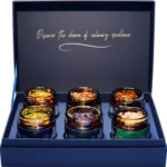 Open gift box with spices — 6 handcrafted jars.