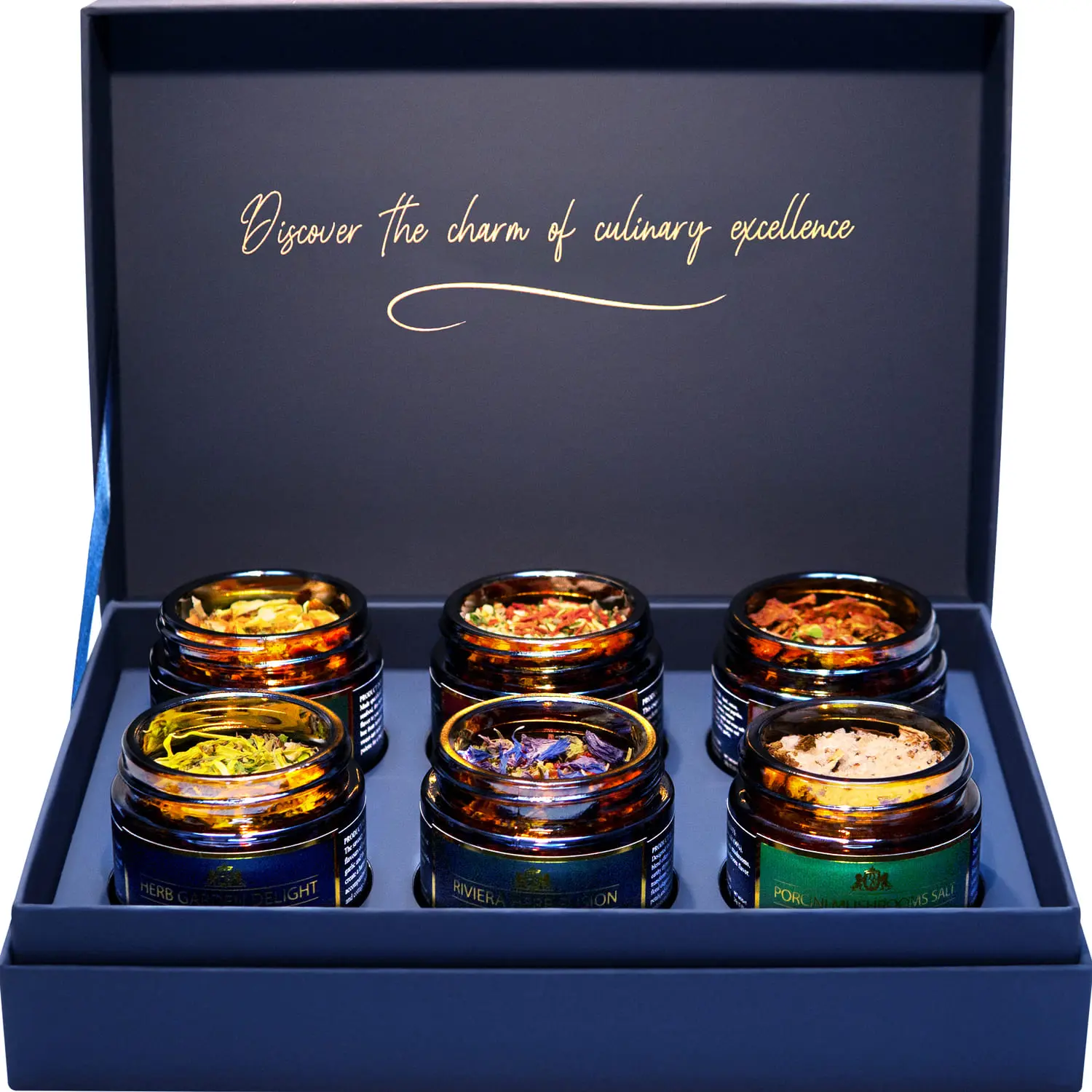 Open gift box with spices — 6 handcrafted jars.
