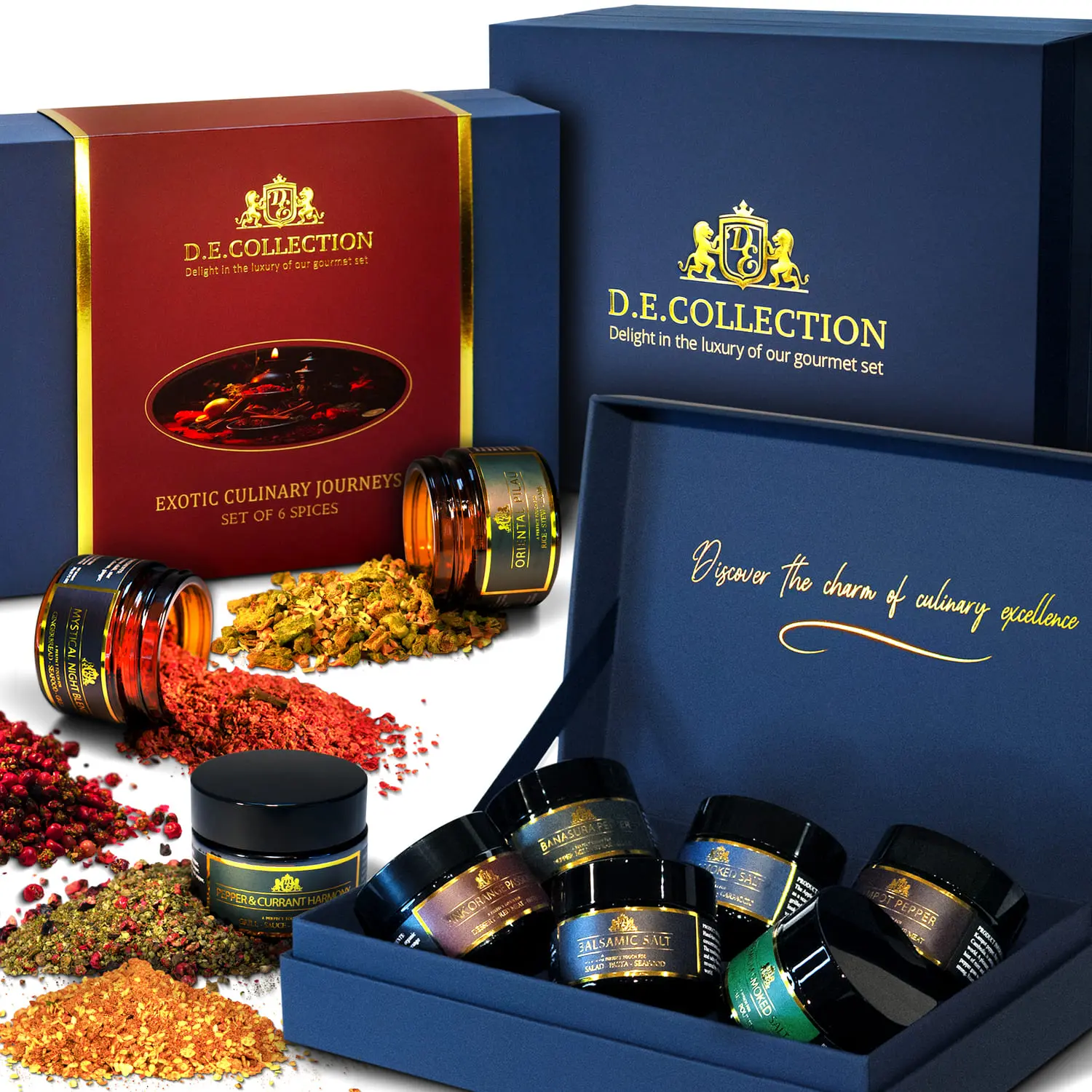 D.E.Collection Exotic Culinary Journeys — jars with spices and premium packaging.