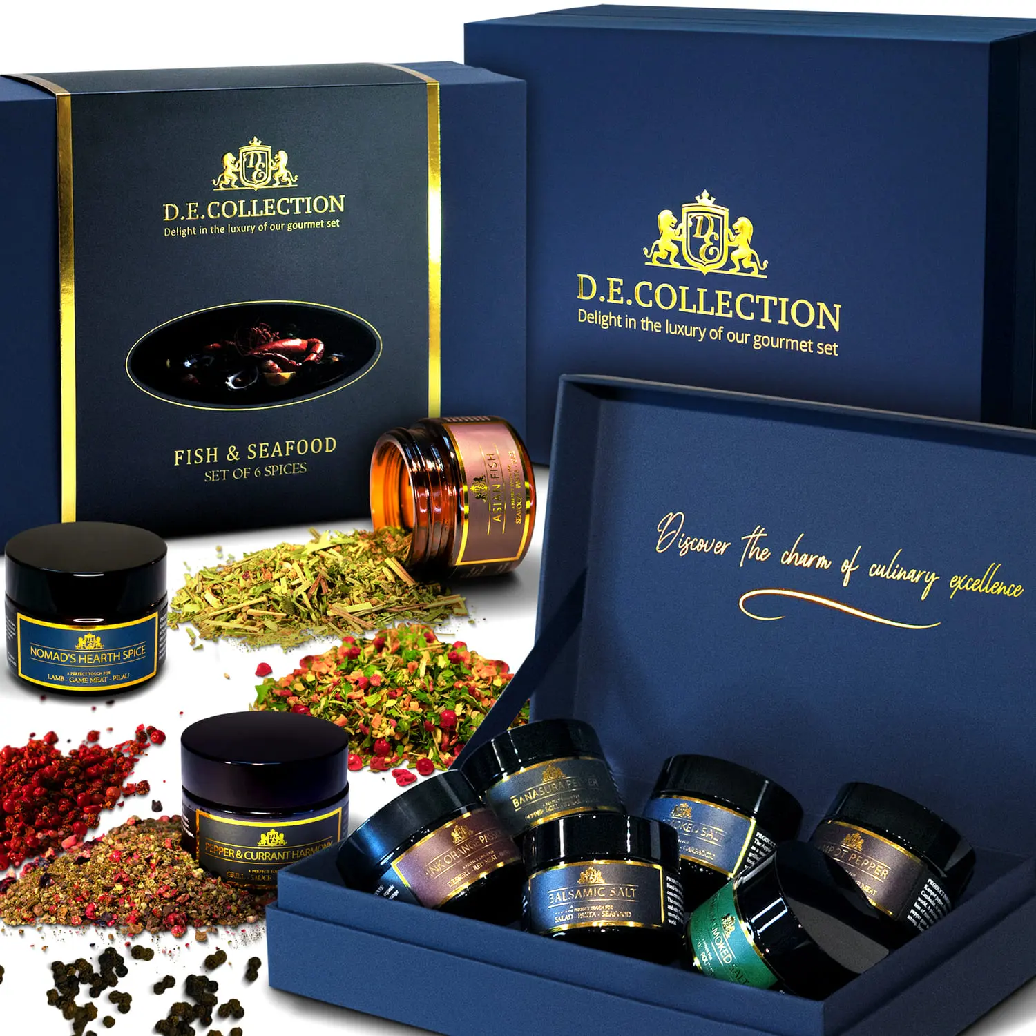 D.E.Collection Fish & Seafood — jars with spices and premium packaging.