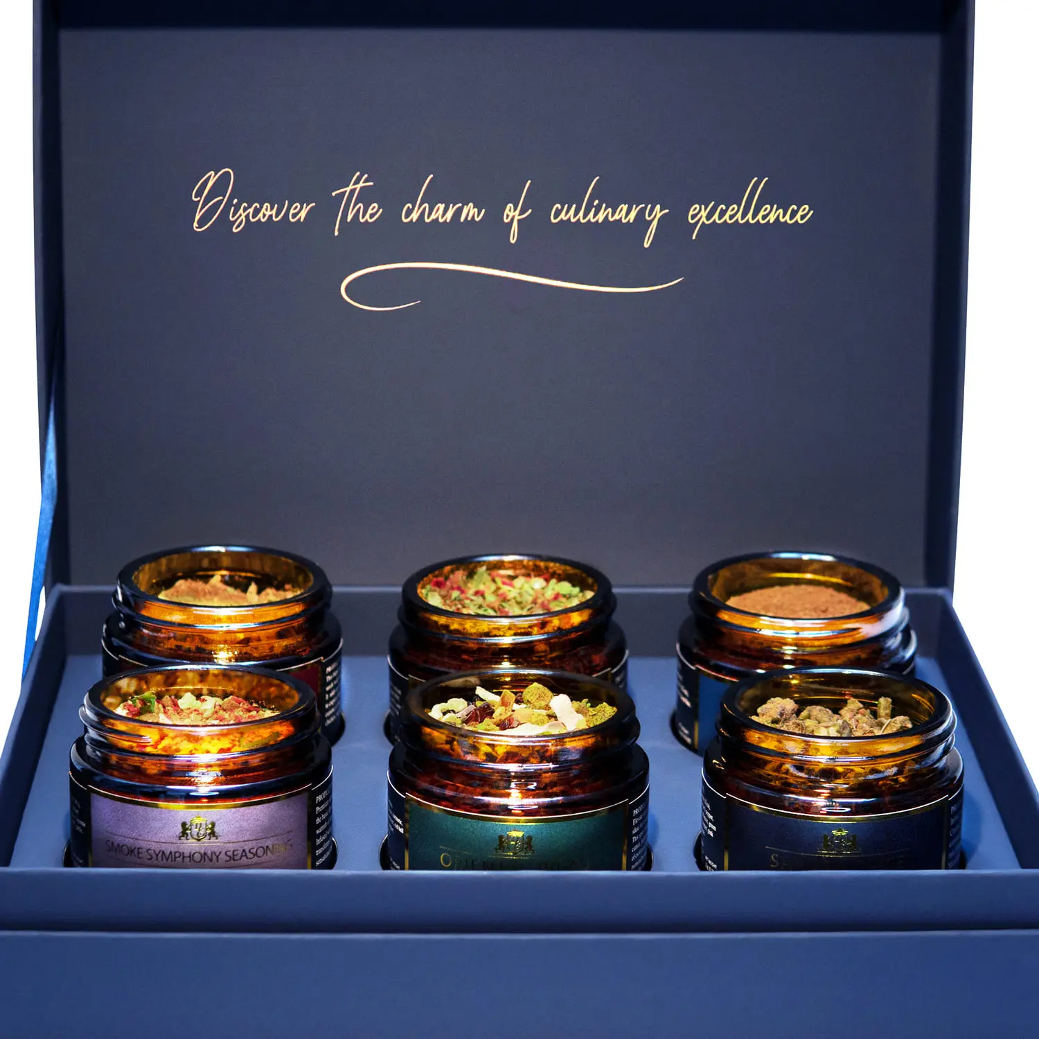 Open gift box with spices — 6 handcrafted jars.