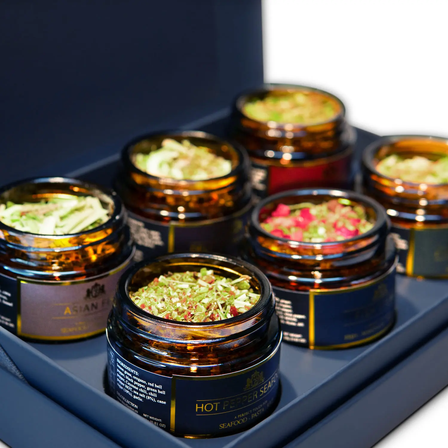 Close-up: jars with spices from the D.E.Collection Fish & Seafood set.