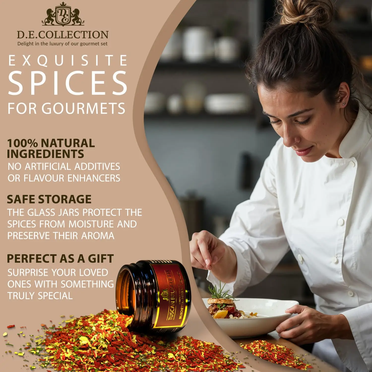 A chef finishes a dish; D.E.Collection spices — refined flavors in glass jars.