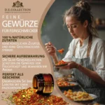 Junge Frau probiert ein Gericht in der Küche, D.E.Collection Gewürze — ideal zum Kochen und Verschenken.