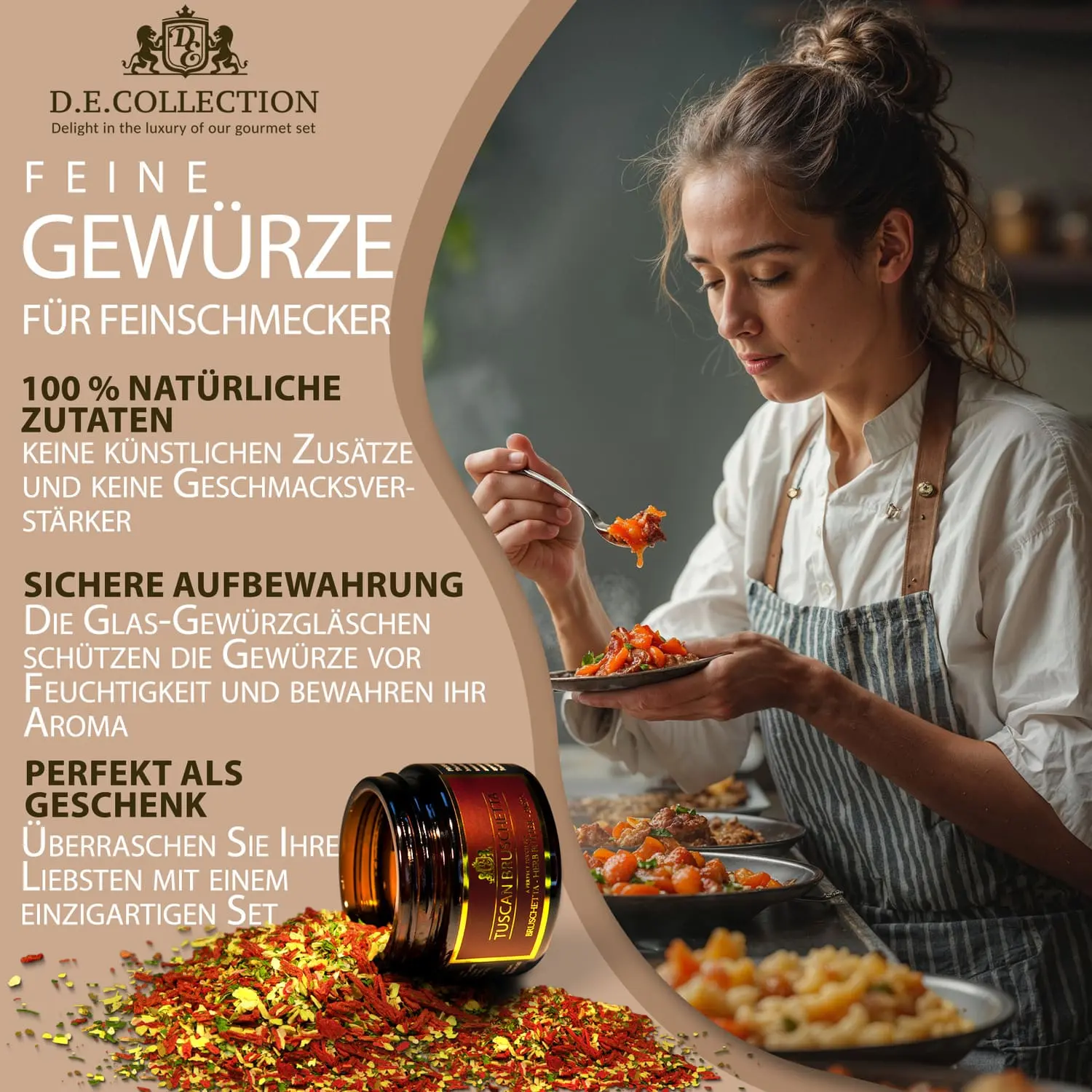 Junge Frau probiert ein Gericht in der Küche, D.E.Collection Gewürze — ideal zum Kochen und Verschenken.