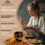 Jauna moteris virtuvėje ragauja patiekalą, D.E.Collection prieskoniai — puikūs gaminimui ir dovanoms.