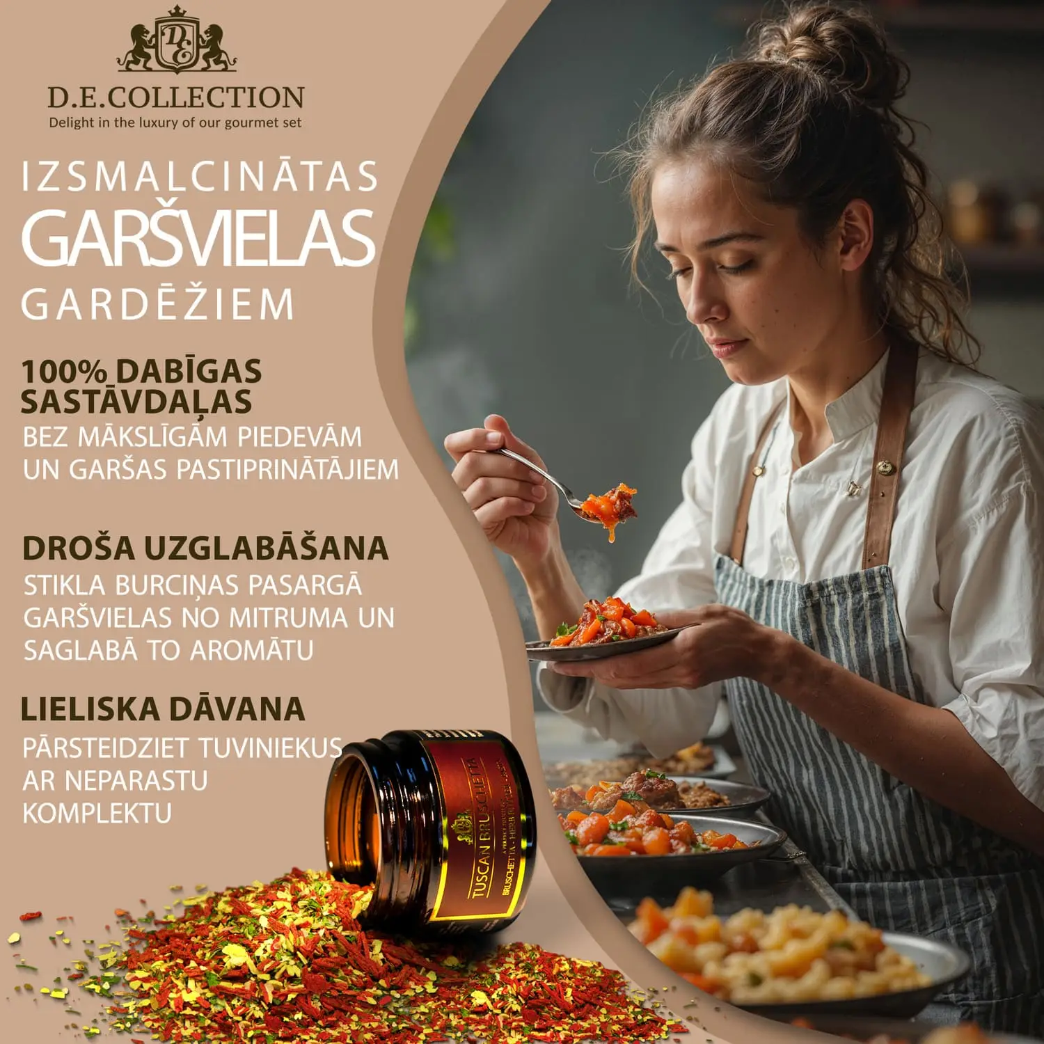 Jauna sieviete virtuvē nogaršo ēdienu, D.E.Collection garšvielas — lieliski piemērotas gatavošanai un dāvināšanai.