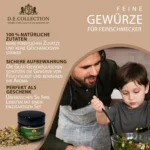 Vater und Sohn bereiten einen Salat zu; D.E.Collection Gewürze — Familienküche mit natürlichen Zutaten.