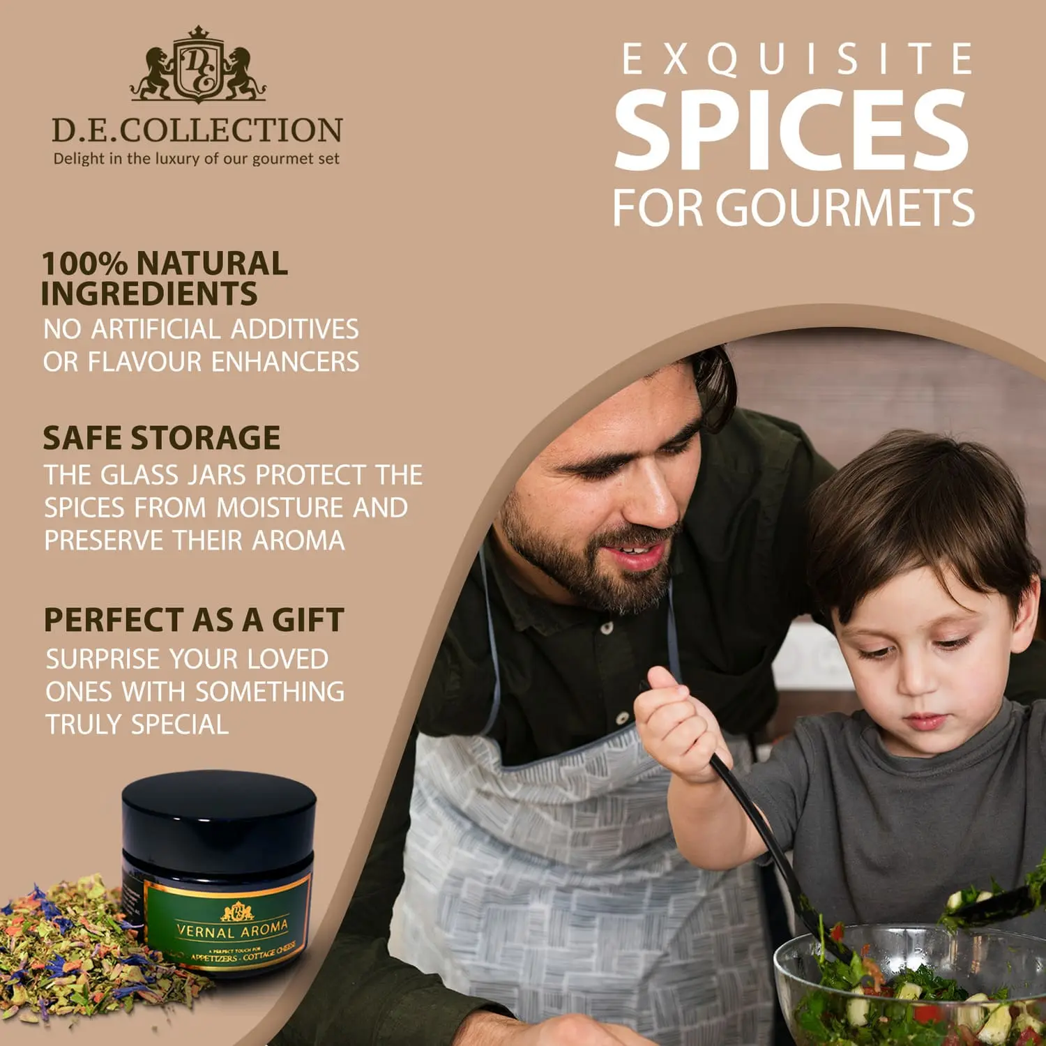 Father and son making a salad; D.E.Collection spices — family cooking with natural ingredients.