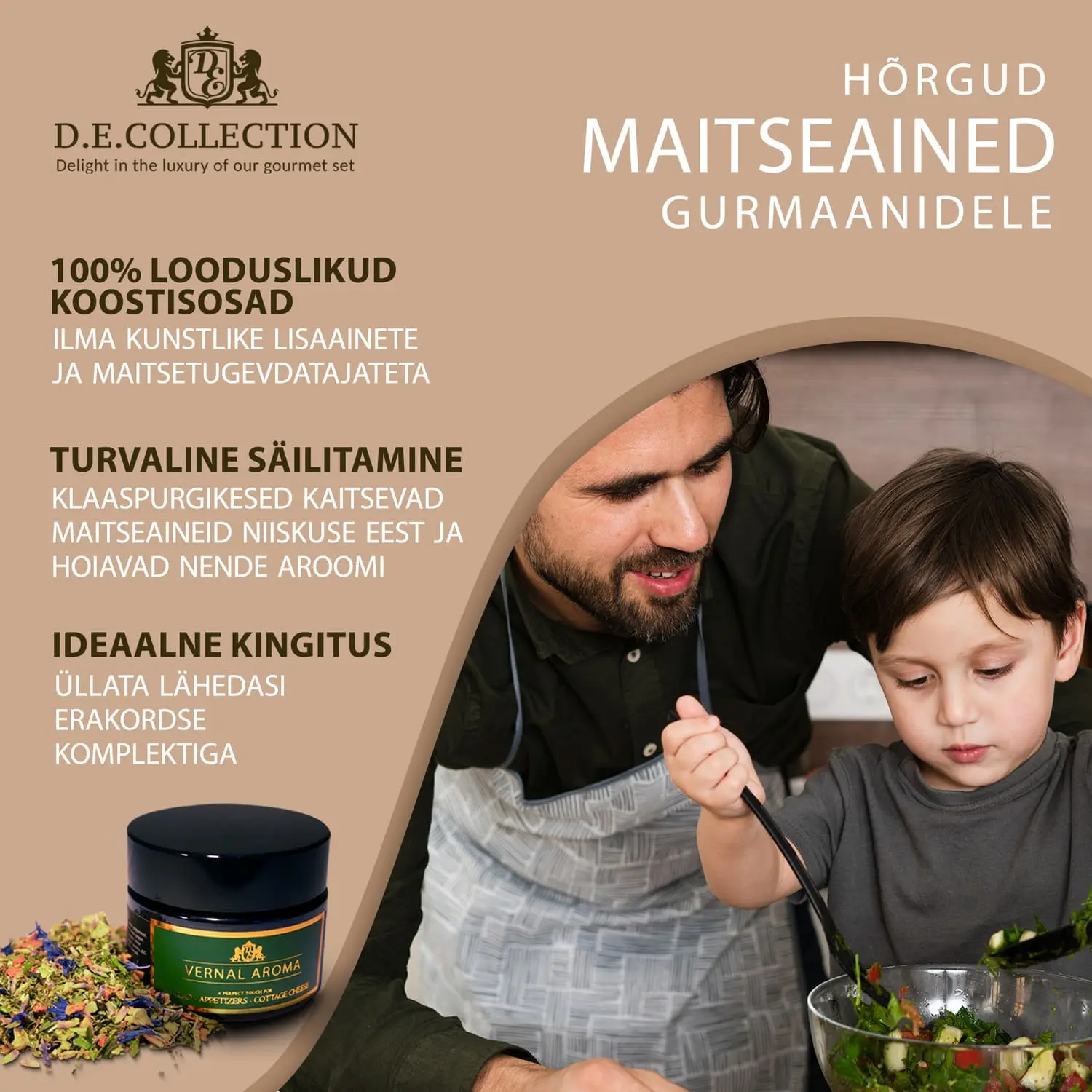 Isa ja poeg teevad salatit; D.E.Collectioni vürtsid — perega koos kokkamine looduslike koostisosadega.