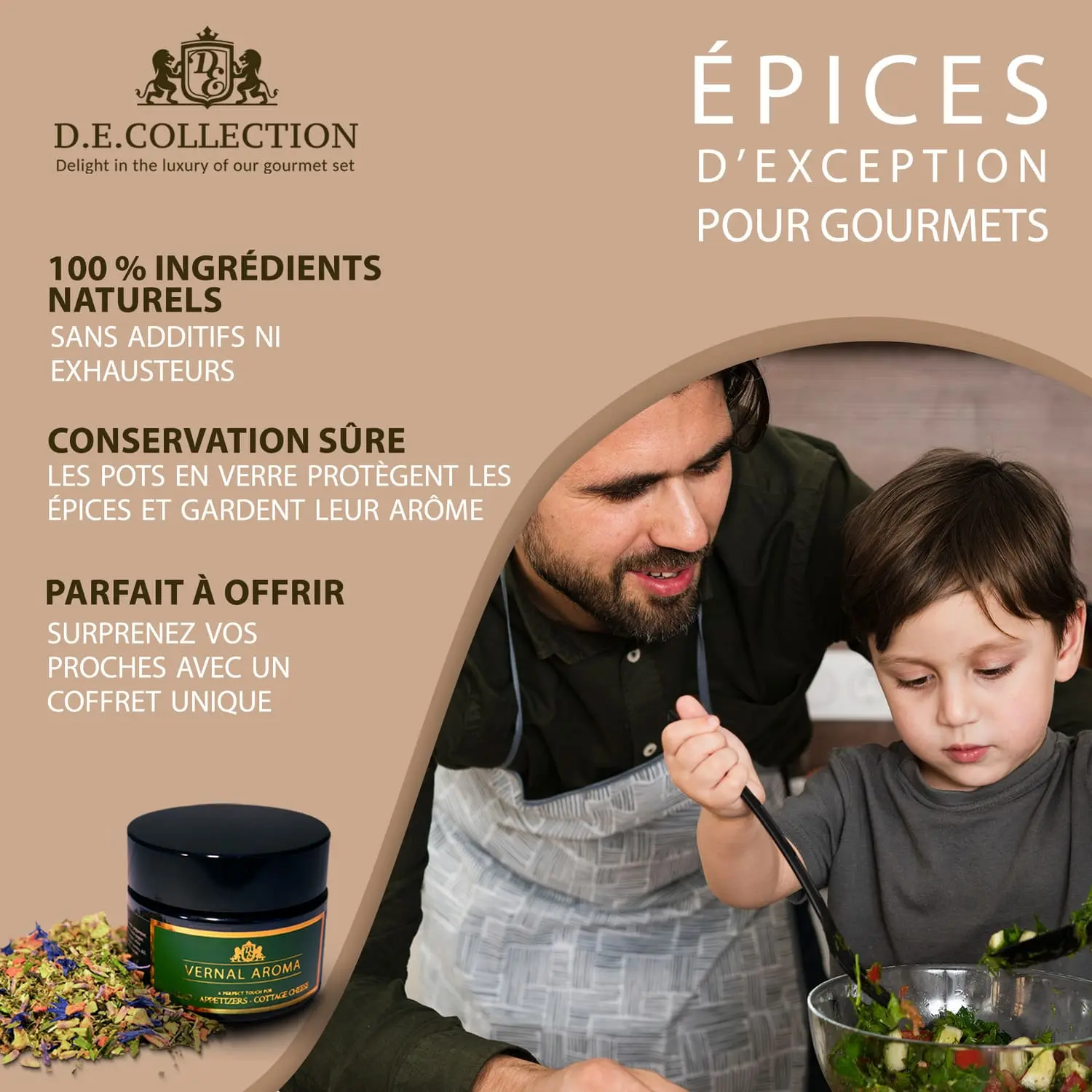 Un père et son fils préparent une salade ; épices D.E.Collection — cuisine en famille aux ingrédients naturels.