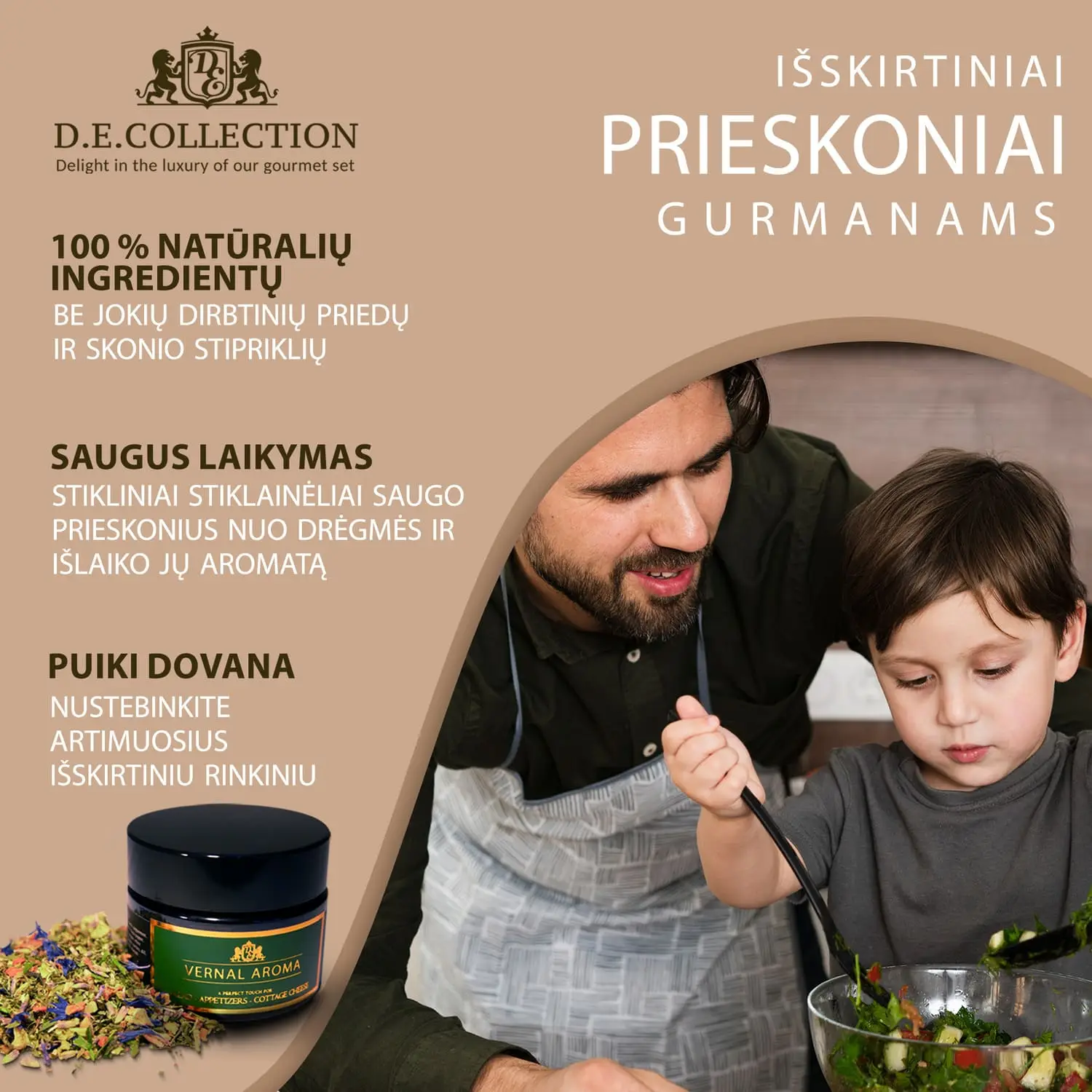 Tėtis su sūnumi ruošia salotas; „D.E.Collection“ prieskoniai — šeimyninis gaminimas su natūraliais ingredientais.