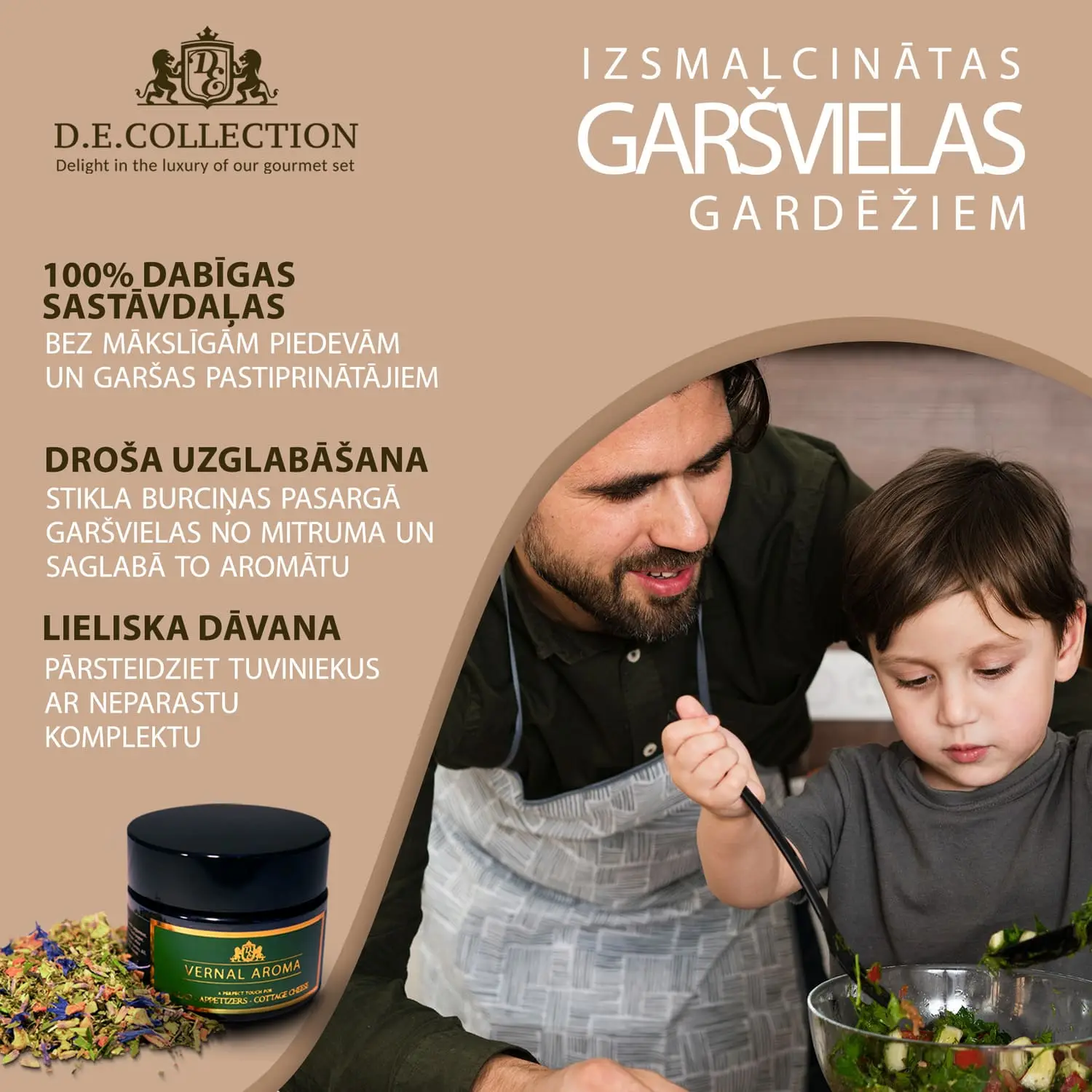 Tēvs un dēls gatavo salātus; D.E.Collection garšvielas — ģimenes gatavošana ar dabīgām sastāvdaļām.