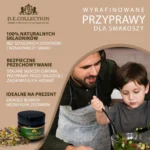 Tata i syn przygotowują sałatkę; przyprawy D.E.Collection — rodzinne gotowanie z naturalnymi składnikami.