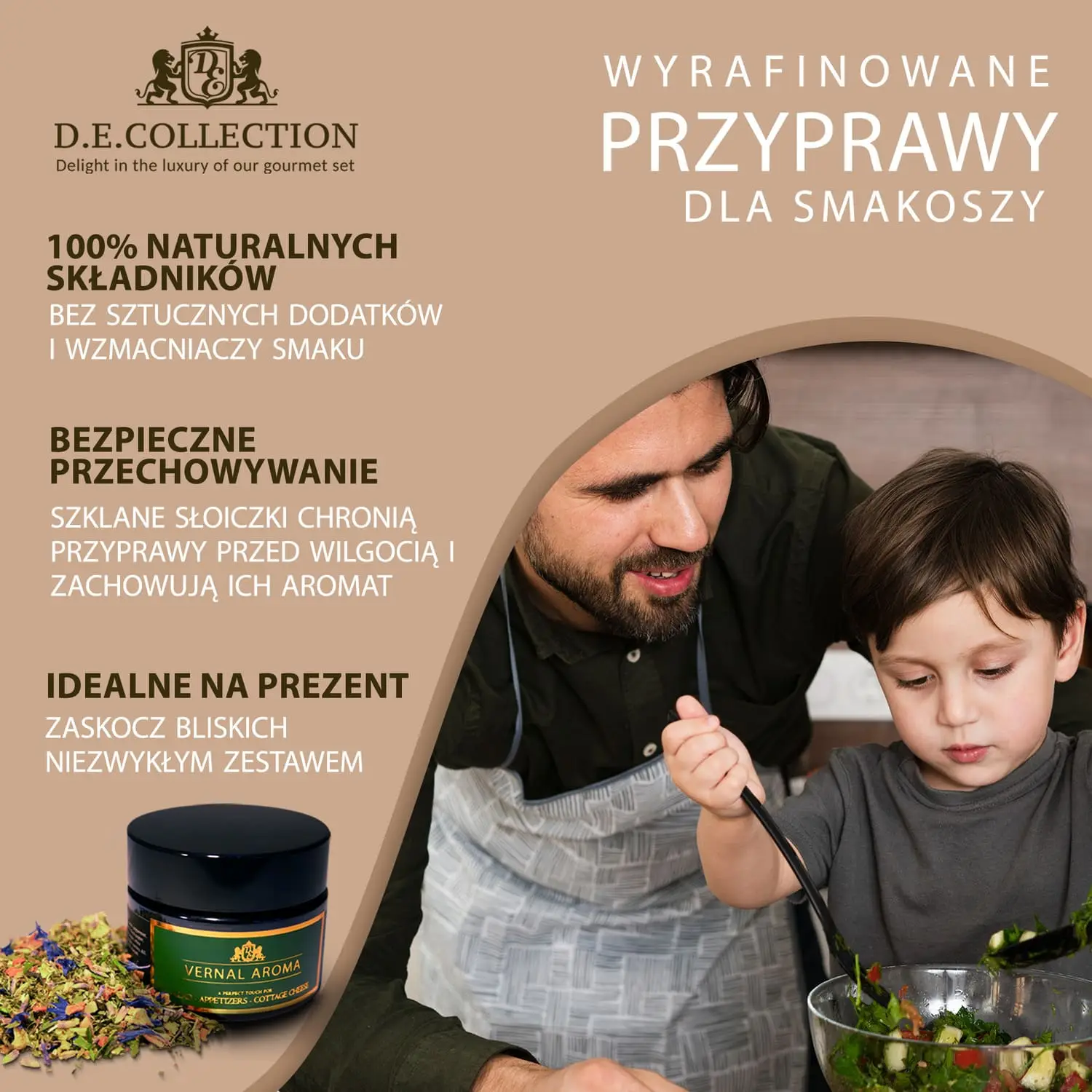 Tata i syn przygotowują sałatkę; przyprawy D.E.Collection — rodzinne gotowanie z naturalnymi składnikami.
