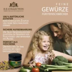 Mamma un meita gatavo dārzeņus; D.E.Collection garšvielas — 100% dabīgas sastāvdaļas un dāvana ar rūpēm.