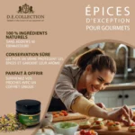 Femme préparant des amuse-bouches en cuisine, épices D.E.Collection — un cadeau pour gourmets.