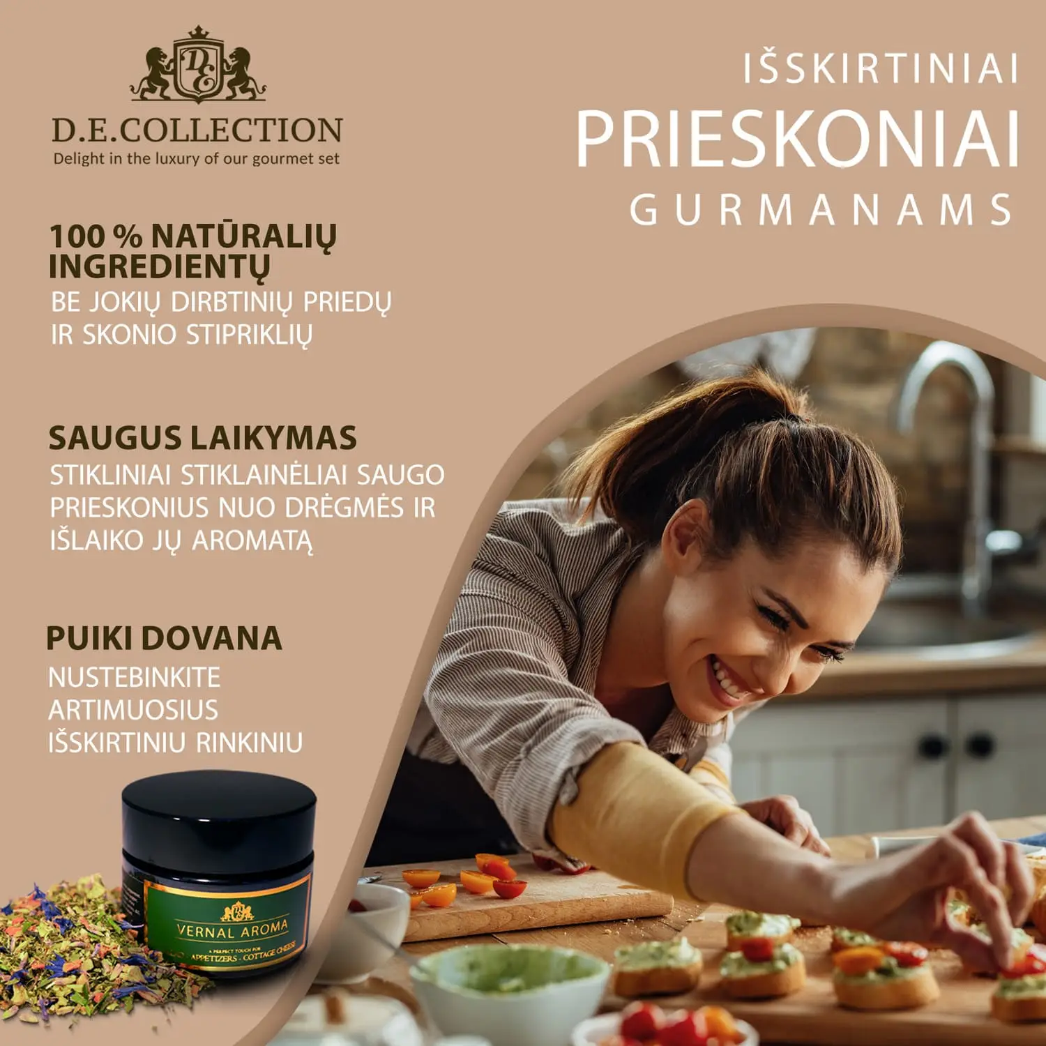 Moteris virtuvėje ruošia užkandžius, D.E.Collection prieskoniai — dovana gurmanams.
