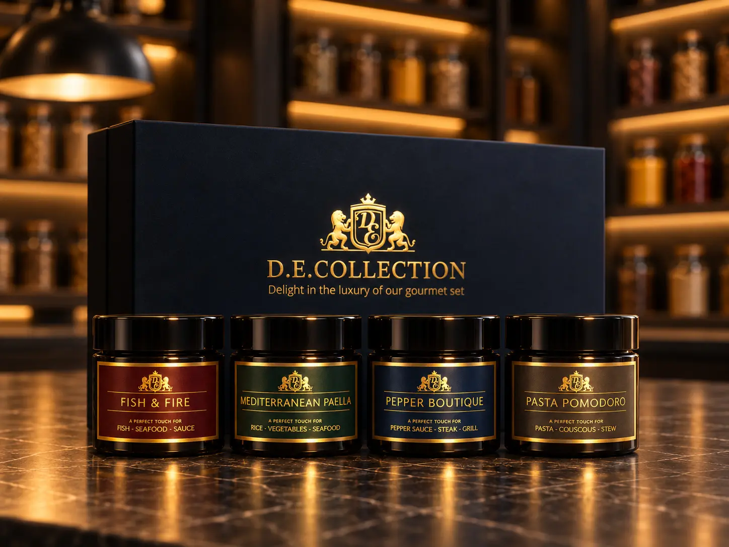 A D.E.Collection gift box with four jars of signature spice blends