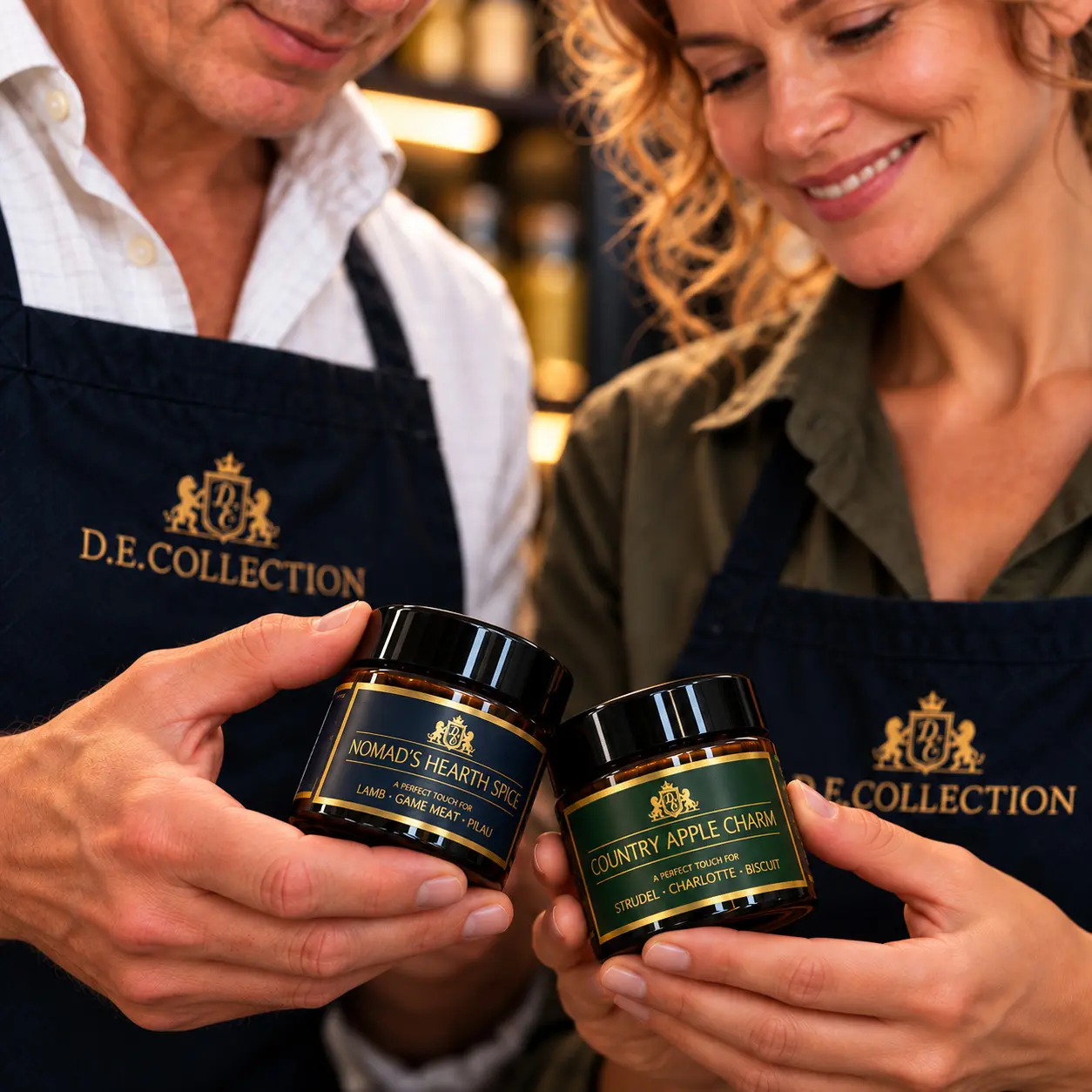 D.E.Collection team members holding jars of Nomad’s Hearth Spice and Country Apple Charm