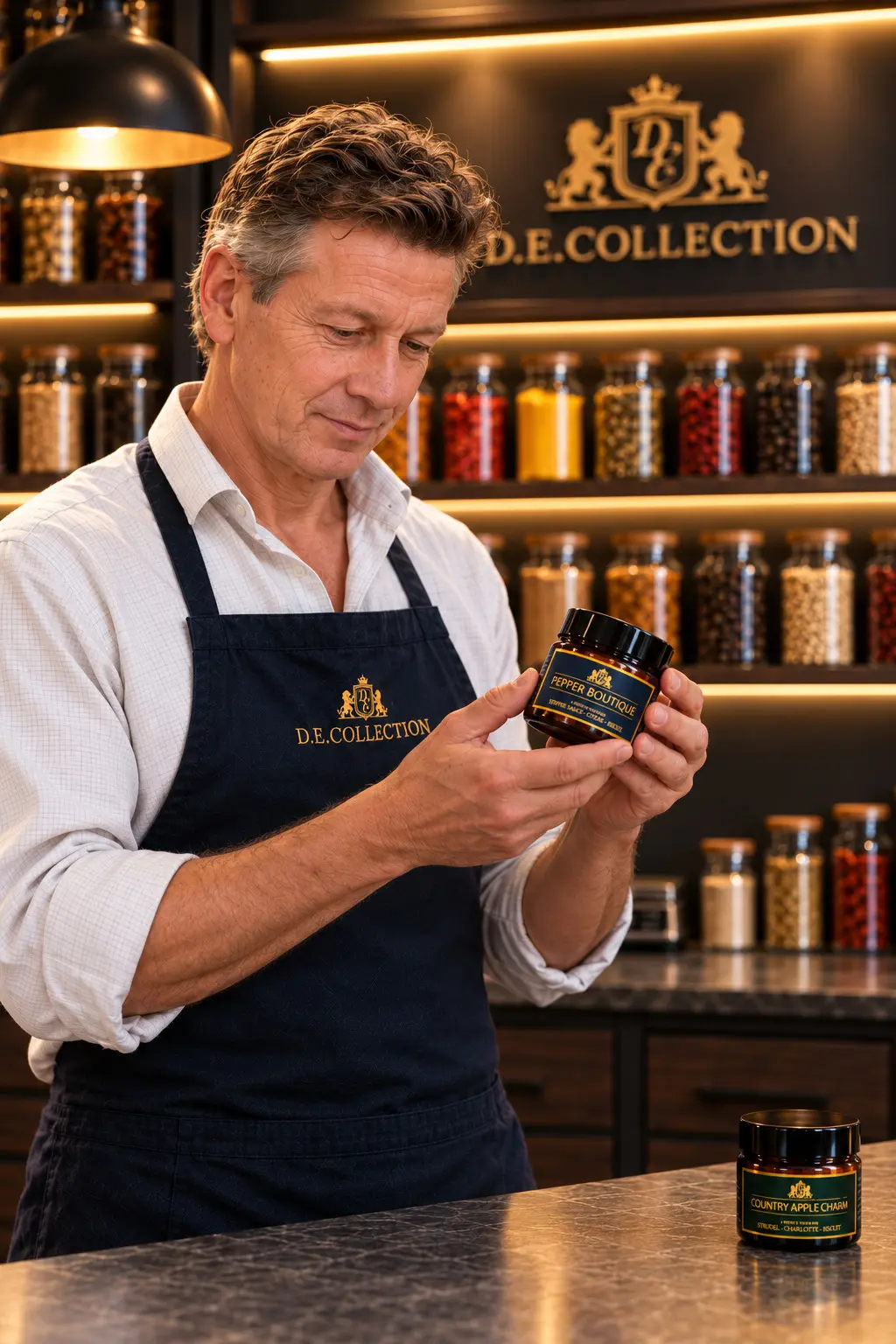 A man examining a jar of Pepper Boutique at the D.E.Collection workshop